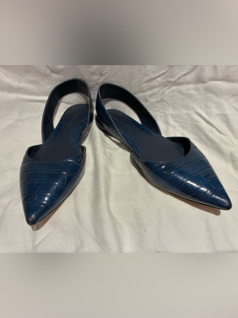 Zara Navy Croc-Embossed Pointed Toe Slingback Flats, sz 35/US 5